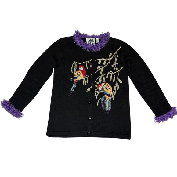 Storybook Knits Black Sweater Cardigan XS PARROT FANCY Sequins Beads Embroidered - Picture 1 of 12